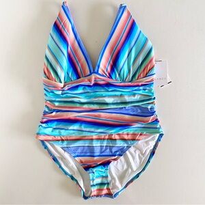 NEW La Blanca One Piece Swimsuit in blue stripe -Size 14